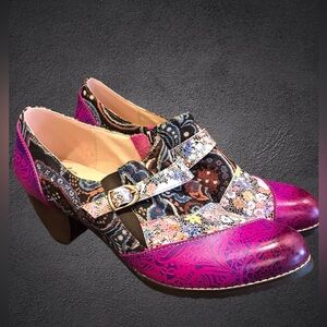 Socofy ankle boot leather‎ patchwork tapestry size 41 us 10-10.5 bohemian artsy